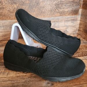 Skechers Seager Stat Black Scalloped Knit Slip-On Flats - 9